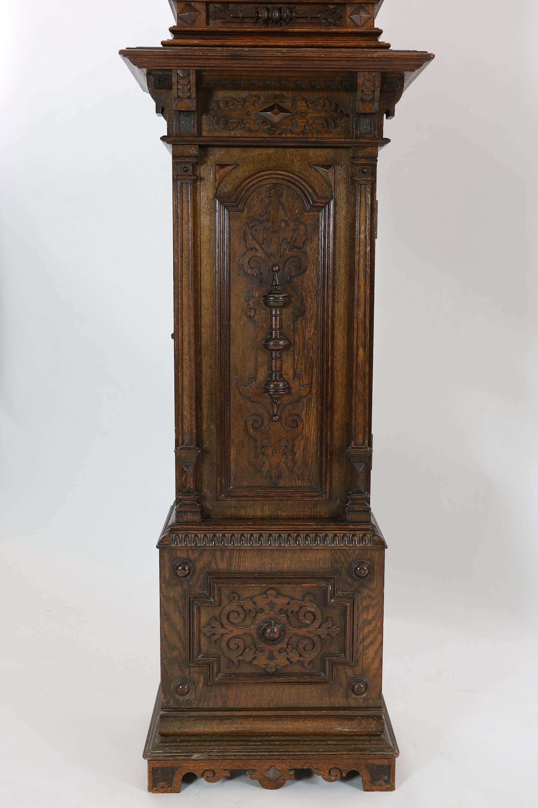 A Symphonion oak musical longcase hall clock, c.1895, playing 13.5in. discs, width 58cm depth 37cm height 235cm